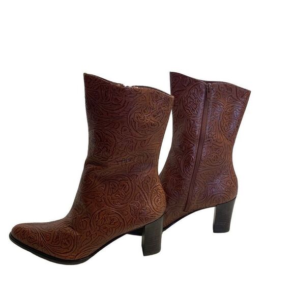 A MARINELLI Women’s Tooled Leather Boots Alda Brown Size 8.5‎ M Side Zip - Picture 1 of 12